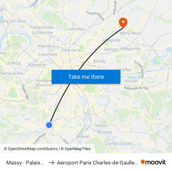 Massy - Palaiseau RER to Aeroport Paris Charles-de-Gaulle TERMINAL L map