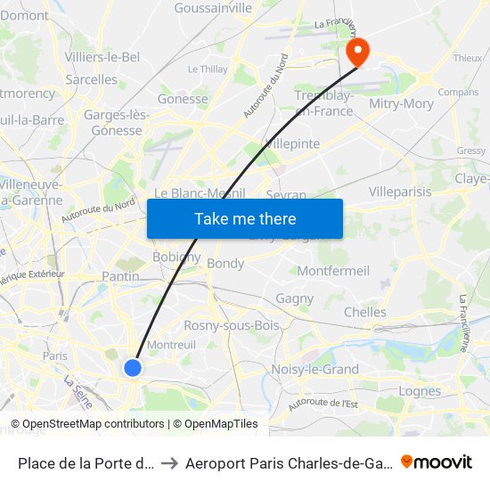 Place de la Porte de Montreuil to Aeroport Paris Charles-de-Gaulle TERMINAL L map