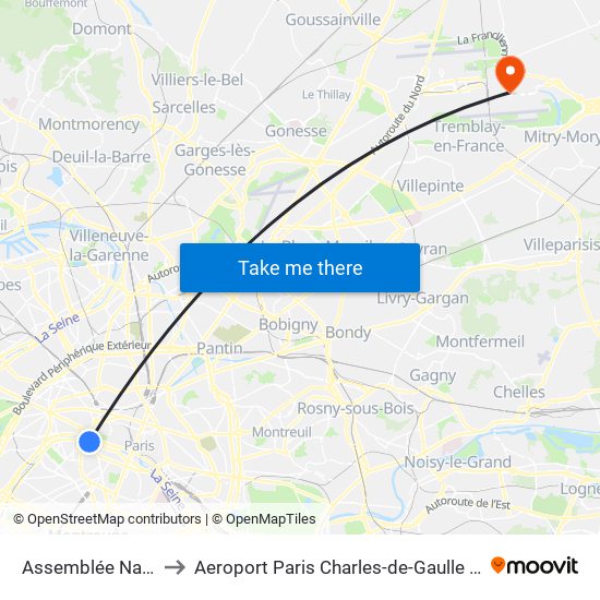 Assemblée Nationale to Aeroport Paris Charles-de-Gaulle TERMINAL L map