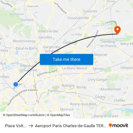 Place Voltaire to Aeroport Paris Charles-de-Gaulle TERMINAL L map
