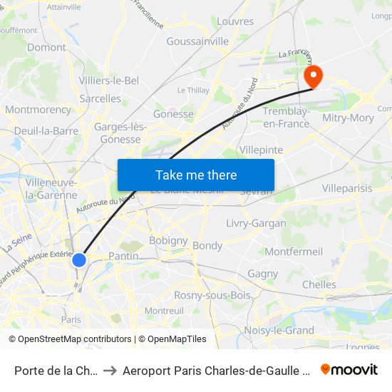 Porte de la Chapelle to Aeroport Paris Charles-de-Gaulle TERMINAL L map