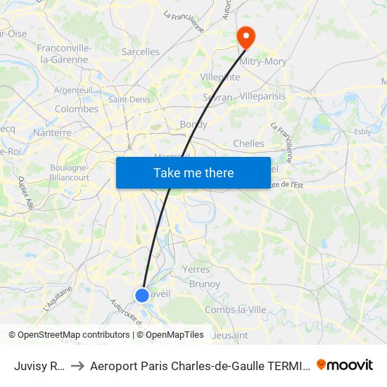 Juvisy RER to Aeroport Paris Charles-de-Gaulle TERMINAL L map