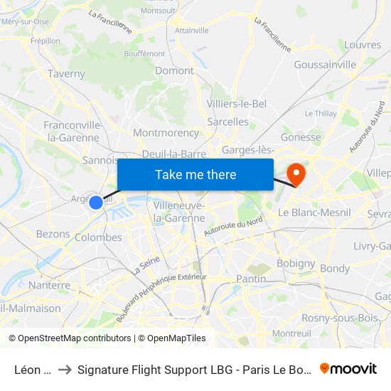 Léon Feix to Signature Flight Support LBG - Paris Le Bourget Terminal 1 map