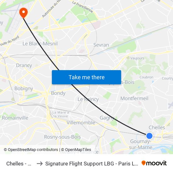 Chelles - Gournay to Signature Flight Support LBG - Paris Le Bourget Terminal 1 map