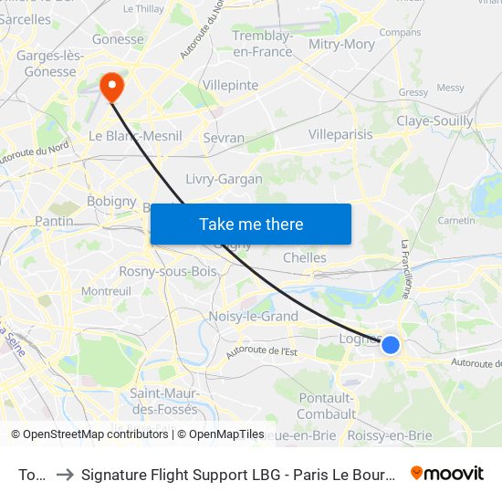 Torcy to Signature Flight Support LBG - Paris Le Bourget Terminal 1 map