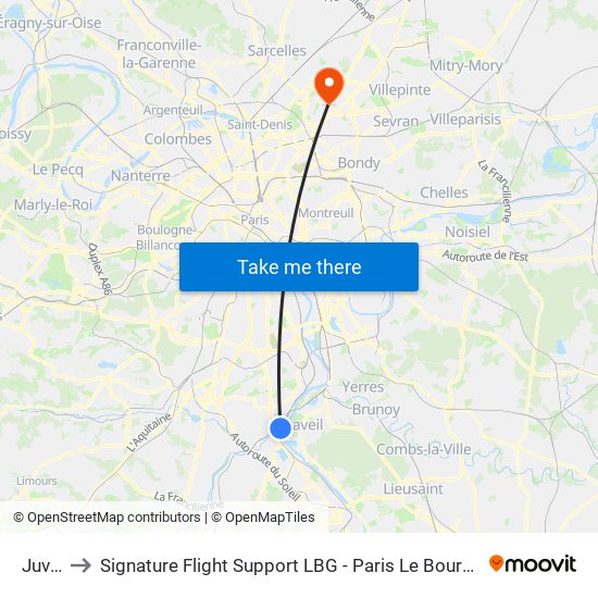 Juvisy to Signature Flight Support LBG - Paris Le Bourget Terminal 1 map