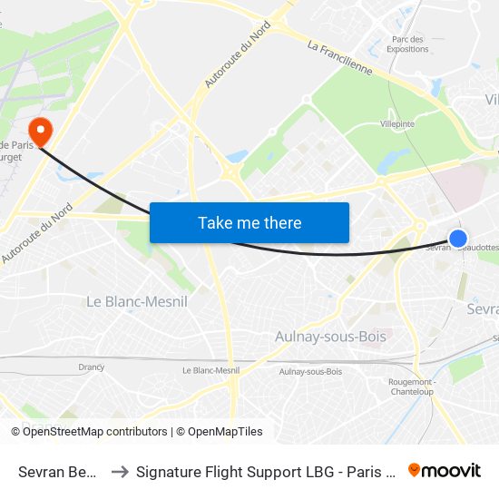 Sevran Beaudottes to Signature Flight Support LBG - Paris Le Bourget Terminal 1 map