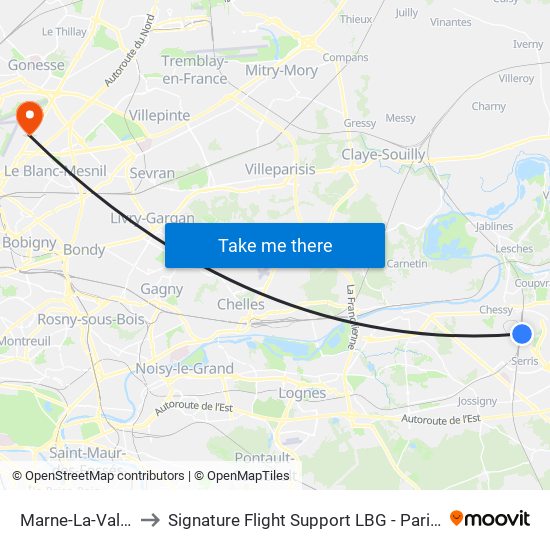 Marne-La-Vallée Chessy to Signature Flight Support LBG - Paris Le Bourget Terminal 1 map