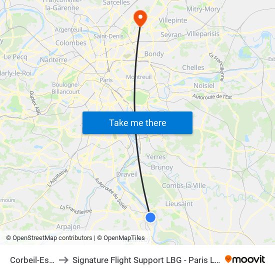 Corbeil-Essonnes to Signature Flight Support LBG - Paris Le Bourget Terminal 1 map