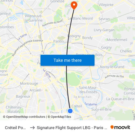 Créteil Pompadour to Signature Flight Support LBG - Paris Le Bourget Terminal 1 map