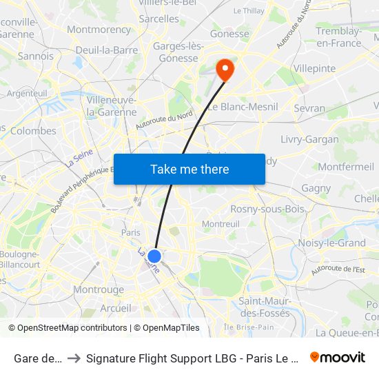 Gare de Lyon to Signature Flight Support LBG - Paris Le Bourget Terminal 1 map