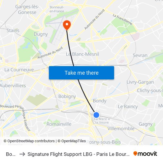 Bondy to Signature Flight Support LBG - Paris Le Bourget Terminal 1 map