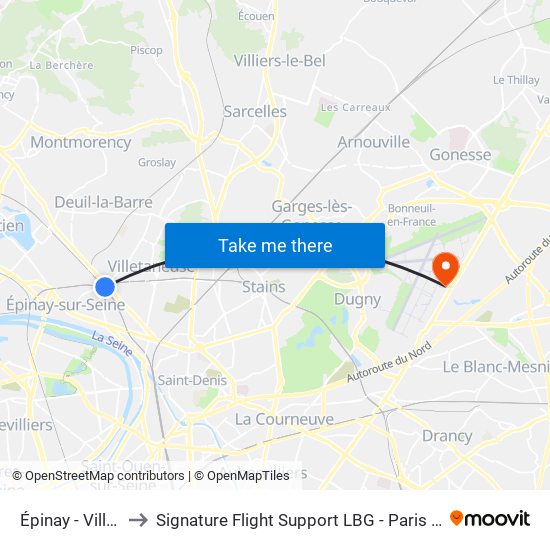 Épinay - Villetaneuse to Signature Flight Support LBG - Paris Le Bourget Terminal 1 map