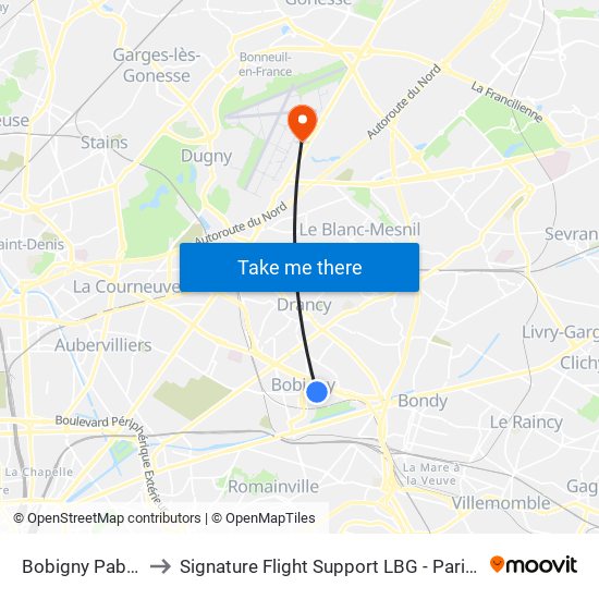 Bobigny Pablo Picasso to Signature Flight Support LBG - Paris Le Bourget Terminal 1 map