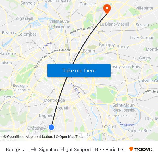 Bourg-La-Reine to Signature Flight Support LBG - Paris Le Bourget Terminal 1 map