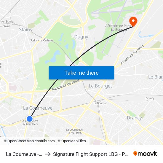 La Courneuve - Aubervilliers to Signature Flight Support LBG - Paris Le Bourget Terminal 1 map