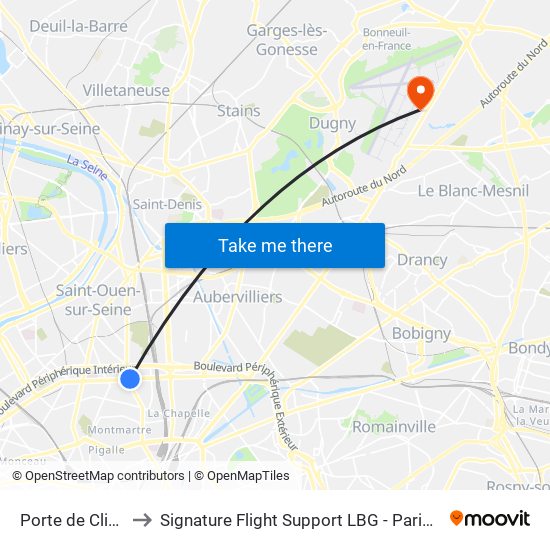 Porte de Clignancourt to Signature Flight Support LBG - Paris Le Bourget Terminal 1 map