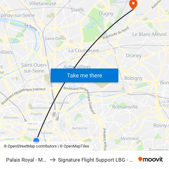 Palais Royal - Musée du Louvre to Signature Flight Support LBG - Paris Le Bourget Terminal 1 map