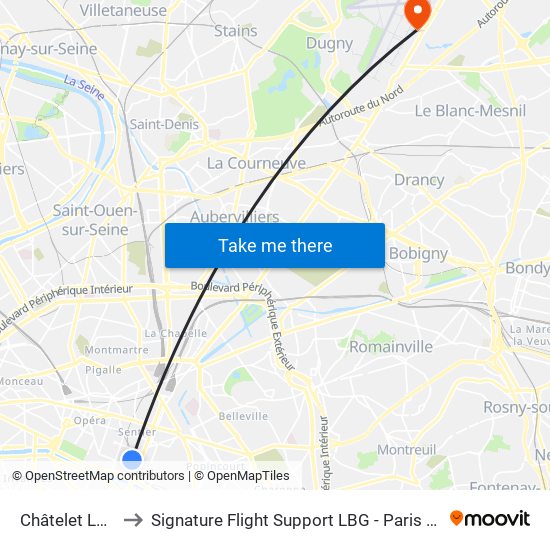 Châtelet Les Halles to Signature Flight Support LBG - Paris Le Bourget Terminal 1 map