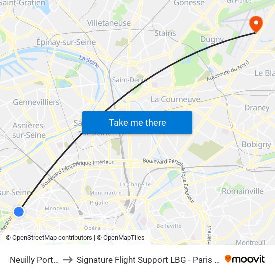 Neuilly Porte Maillot to Signature Flight Support LBG - Paris Le Bourget Terminal 1 map