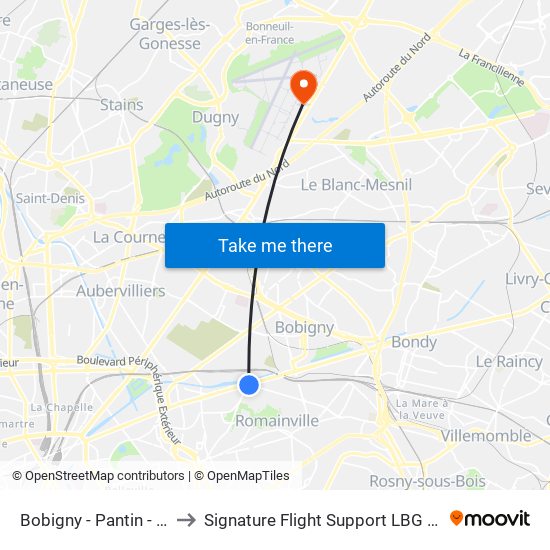 Bobigny - Pantin - Raymond Queneau to Signature Flight Support LBG - Paris Le Bourget Terminal 1 map