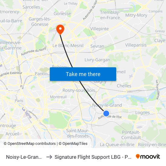 Noisy-Le-Grand - Mont D'Est to Signature Flight Support LBG - Paris Le Bourget Terminal 1 map