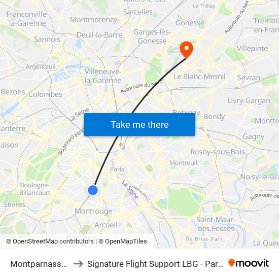 Montparnasse-Bienvenue to Signature Flight Support LBG - Paris Le Bourget Terminal 1 map