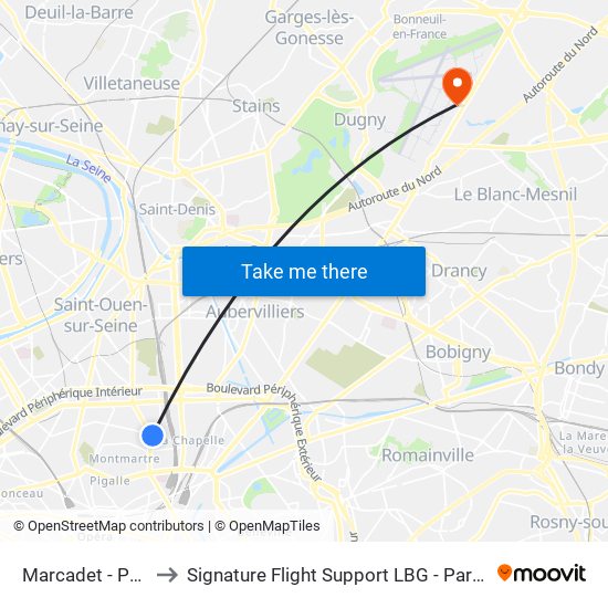 Marcadet - Poissonniers to Signature Flight Support LBG - Paris Le Bourget Terminal 1 map