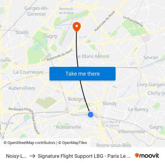 Noisy-Le-Sec to Signature Flight Support LBG - Paris Le Bourget Terminal 1 map