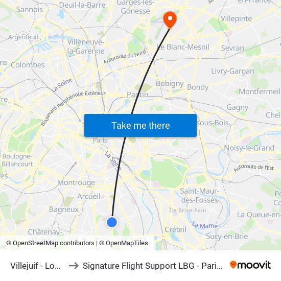Villejuif - Louis Aragon to Signature Flight Support LBG - Paris Le Bourget Terminal 1 map
