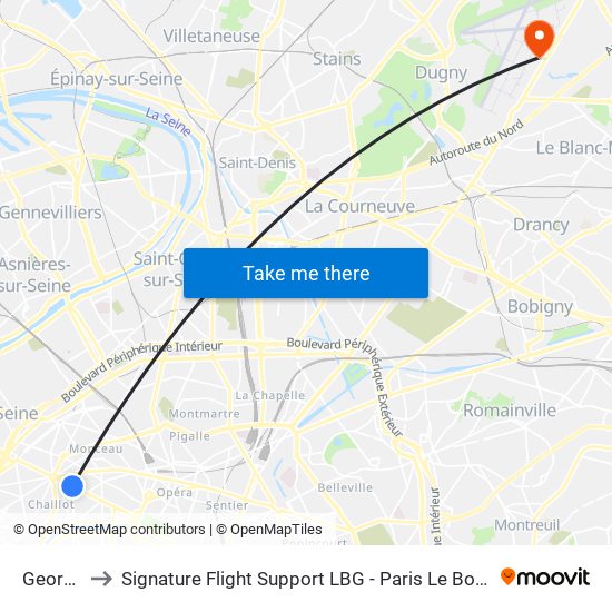 George V to Signature Flight Support LBG - Paris Le Bourget Terminal 1 map