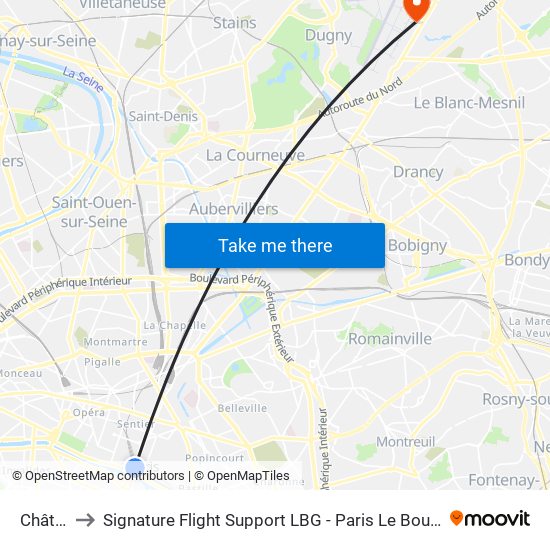 Châtelet to Signature Flight Support LBG - Paris Le Bourget Terminal 1 map