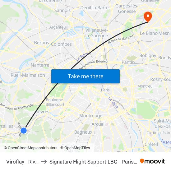 Viroflay - Rive Gauche to Signature Flight Support LBG - Paris Le Bourget Terminal 1 map