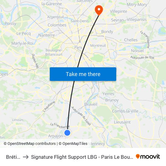 Brétigny to Signature Flight Support LBG - Paris Le Bourget Terminal 1 map