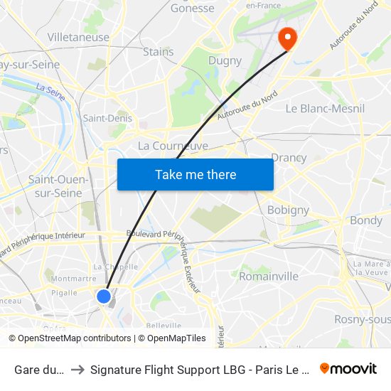 Gare du Nord to Signature Flight Support LBG - Paris Le Bourget Terminal 1 map