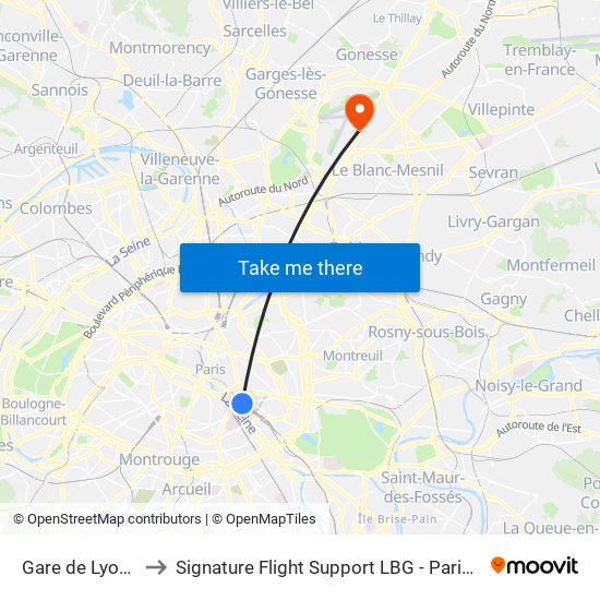 Gare de Lyon - Diderot to Signature Flight Support LBG - Paris Le Bourget Terminal 1 map