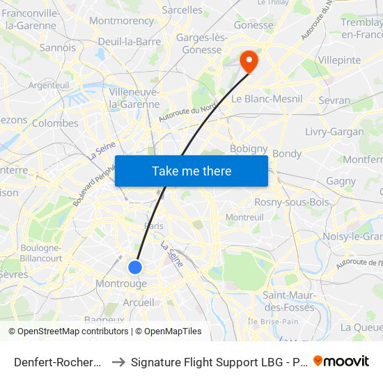 Denfert-Rochereau - Métro-Rer to Signature Flight Support LBG - Paris Le Bourget Terminal 1 map