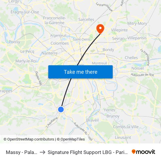 Massy - Palaiseau RER to Signature Flight Support LBG - Paris Le Bourget Terminal 1 map