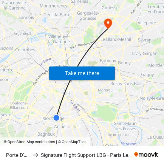 Porte D'Orléans to Signature Flight Support LBG - Paris Le Bourget Terminal 1 map