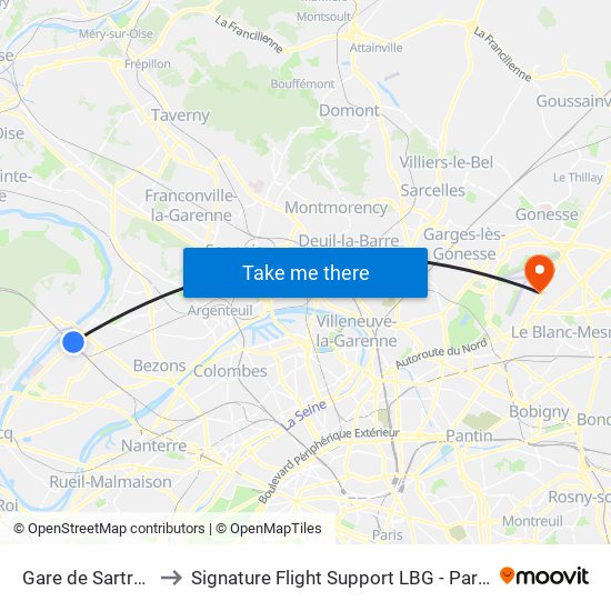 Gare de Sartrouville - RER to Signature Flight Support LBG - Paris Le Bourget Terminal 1 map