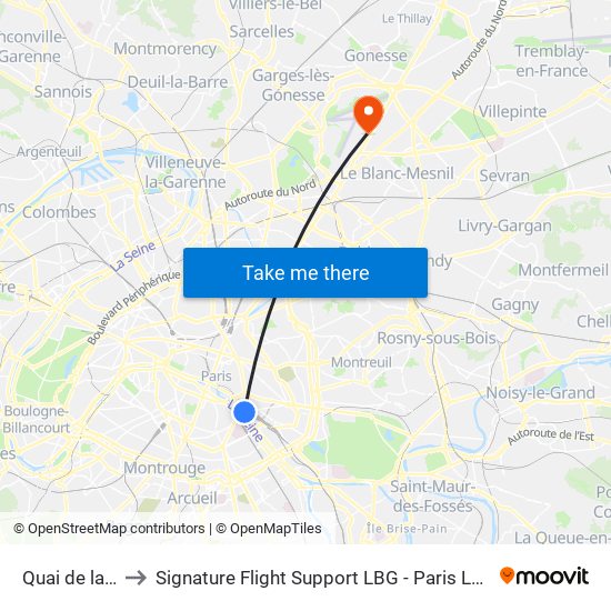 Quai de la Rapée to Signature Flight Support LBG - Paris Le Bourget Terminal 1 map