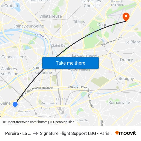 Pereire - Le Chatelier to Signature Flight Support LBG - Paris Le Bourget Terminal 1 map