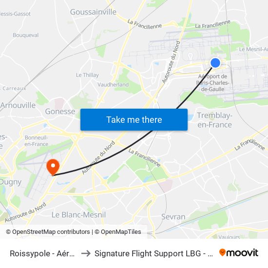 Roissypole - Aéroport Cdg1 (G1) to Signature Flight Support LBG - Paris Le Bourget Terminal 1 map