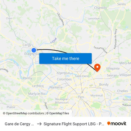 Gare de Cergy Préfecture (C) to Signature Flight Support LBG - Paris Le Bourget Terminal 1 map