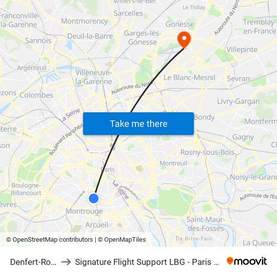 Denfert-Rochereau to Signature Flight Support LBG - Paris Le Bourget Terminal 2 map