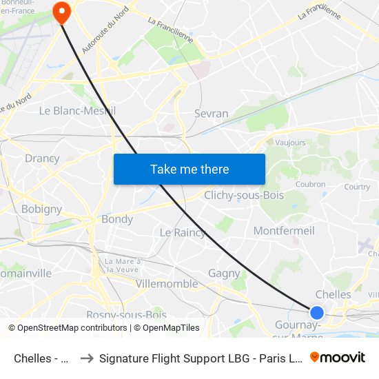 Chelles - Gournay to Signature Flight Support LBG - Paris Le Bourget Terminal 2 map