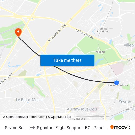 Sevran Beaudottes to Signature Flight Support LBG - Paris Le Bourget Terminal 2 map