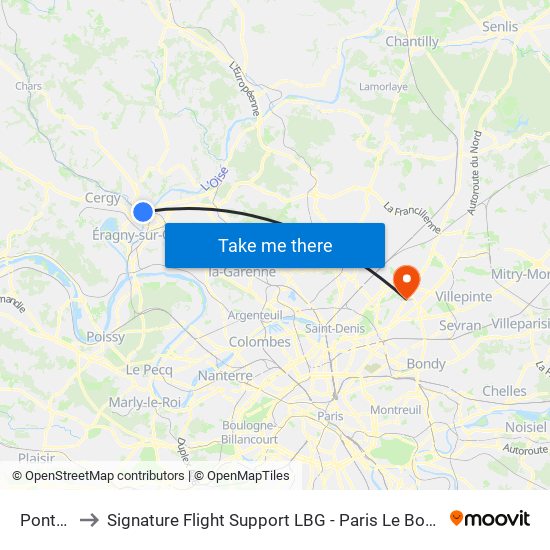 Pontoise to Signature Flight Support LBG - Paris Le Bourget Terminal 2 map