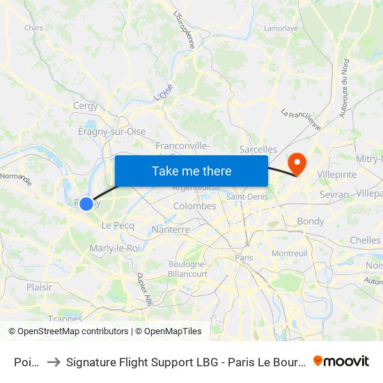 Poissy to Signature Flight Support LBG - Paris Le Bourget Terminal 2 map