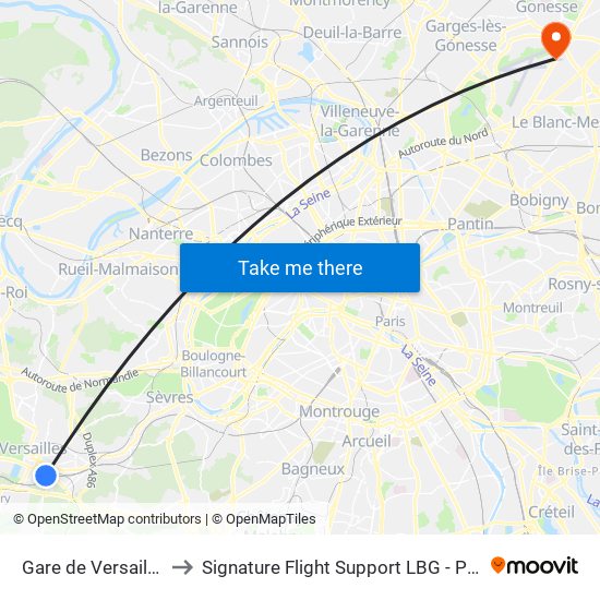Gare de Versailles - Chantiers to Signature Flight Support LBG - Paris Le Bourget Terminal 2 map